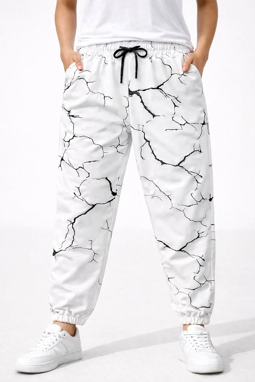 Kadın Dijital Baskılı Eşofman Altı Üç İplik Şardonlu Lastikli Paça Cepli Kalıp - Beyaz