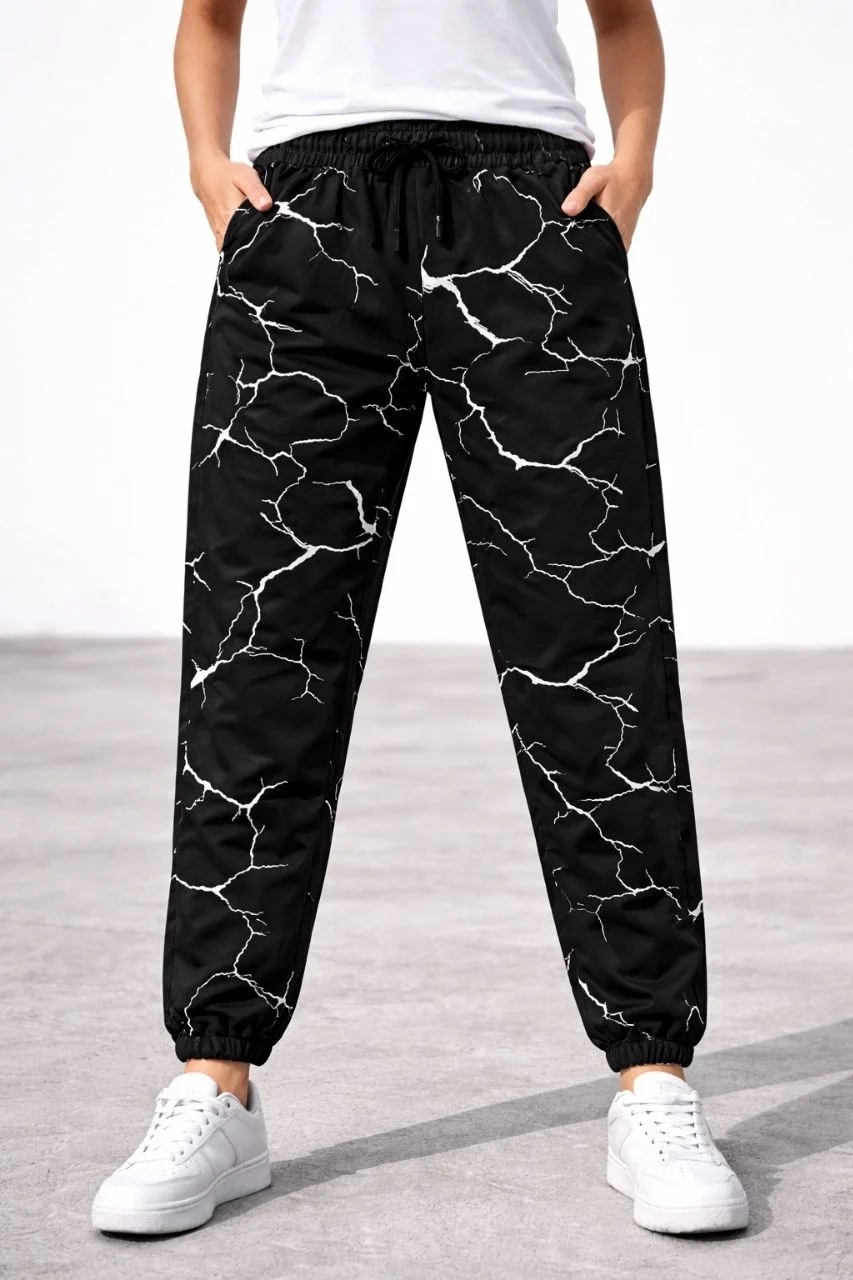 Kadın Dijital Baskılı Eşofman Altı Üç İplik Şardonlu Lastikli Paça Cepli Kalıp - Siyah