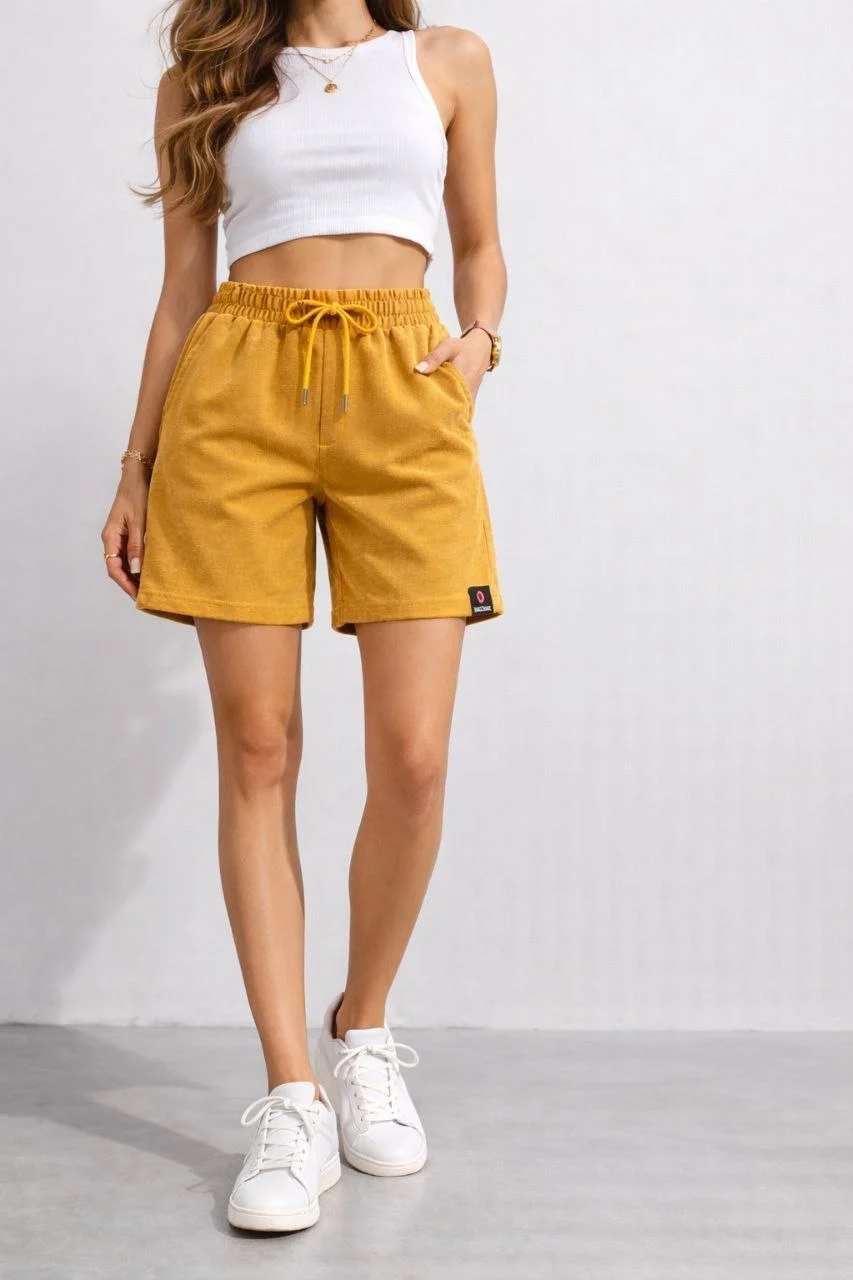 Kadın Dokuma otoban Şort Beli Lastikli Bağcıklı Cepli Kesim Şort - Hardal