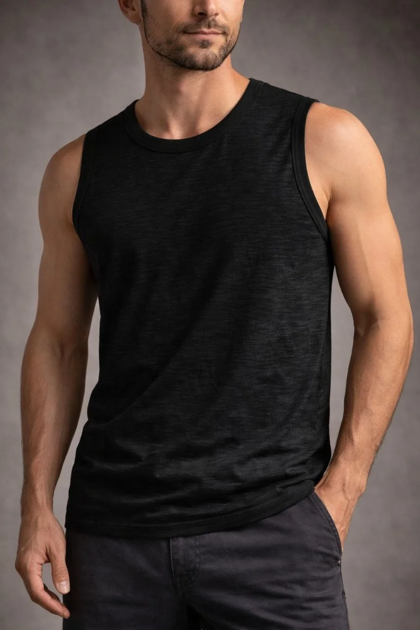 Erkek Flamlı Kumaş Kolsuz Atlet Günlük Fitness Spor T-Shirt - Siyah