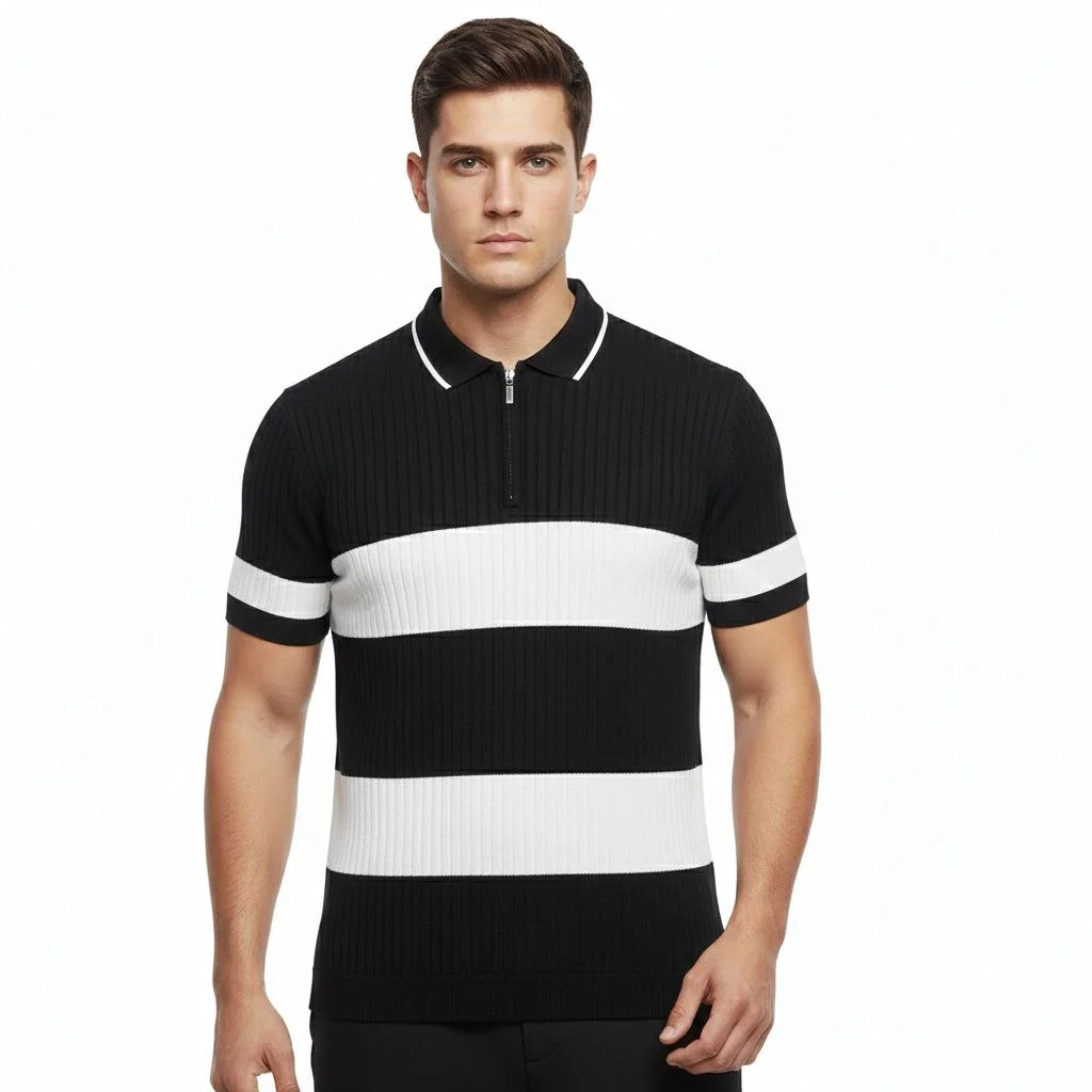 Erkek T-shirt Çizgili Triko Kumaş Polo Yaka Yarım Fermuarlı Kısa Kol Tişört
