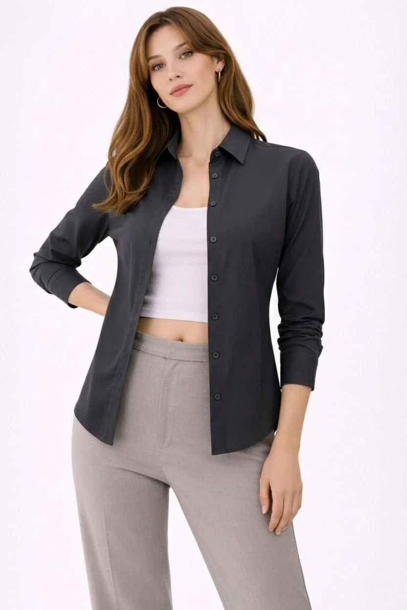 Kadın Uzun Kollu Gömlek Düğmeli Klasik Yaka Günlük ve Ofis Şıklığına uygun - Füme