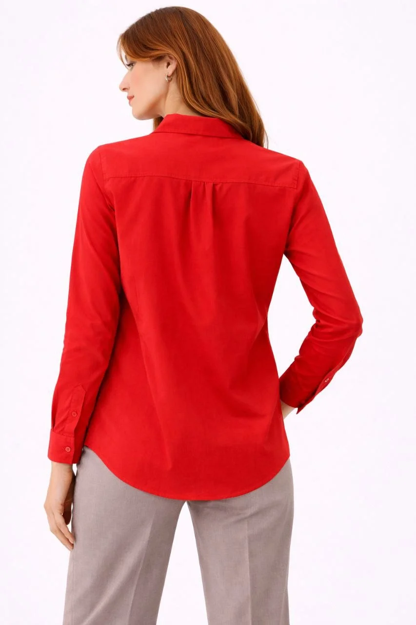 Kadın Uzun Kollu Gömlek Düğmeli Klasik Yaka Günlük ve Ofis Şıklığına uygun - Kırmızı