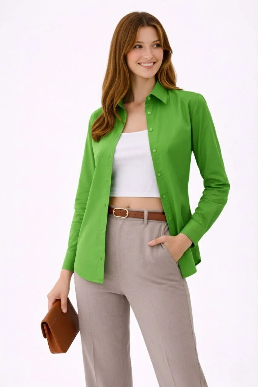 Kadın Uzun Kollu Gömlek Düğmeli Klasik Yaka Günlük ve Ofis Şıklığına uygun - Yeşil