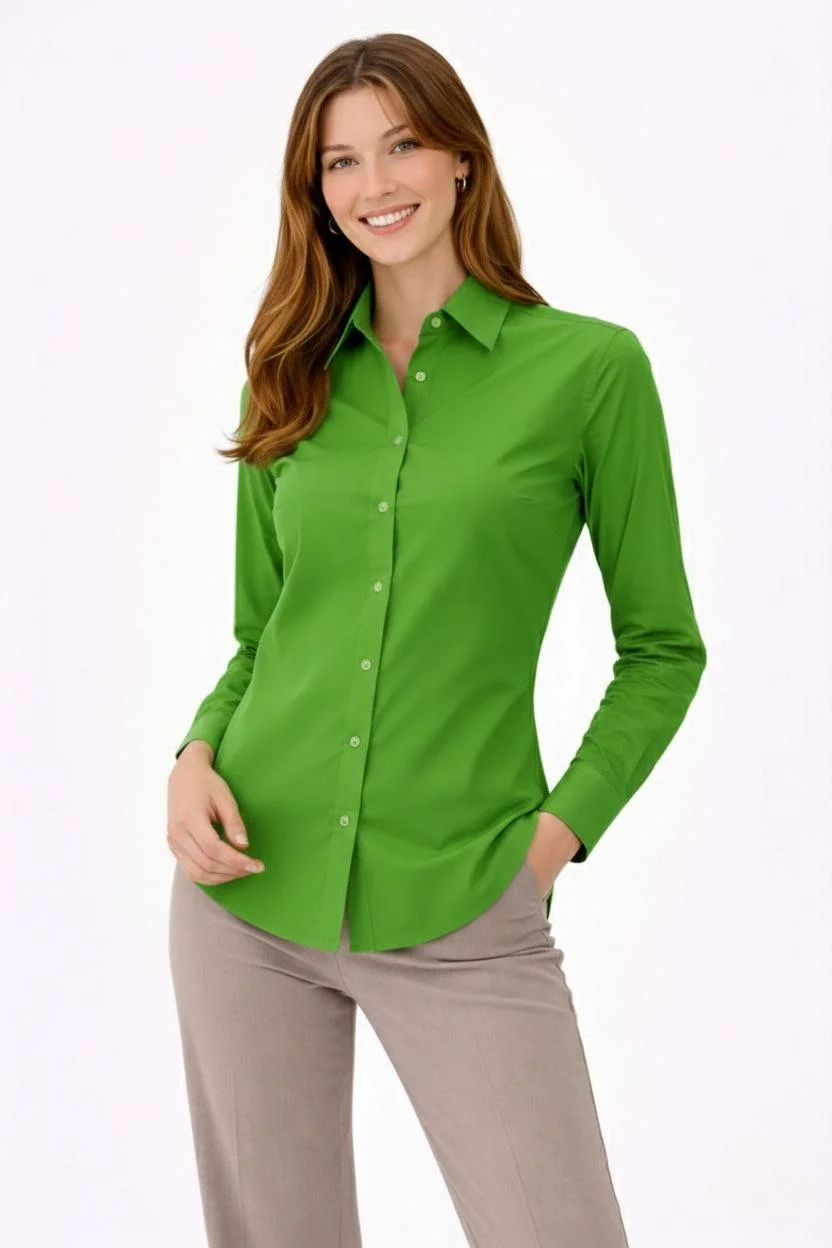 Kadın Uzun Kollu Gömlek Düğmeli Klasik Yaka Günlük ve Ofis Şıklığına uygun - Yeşil