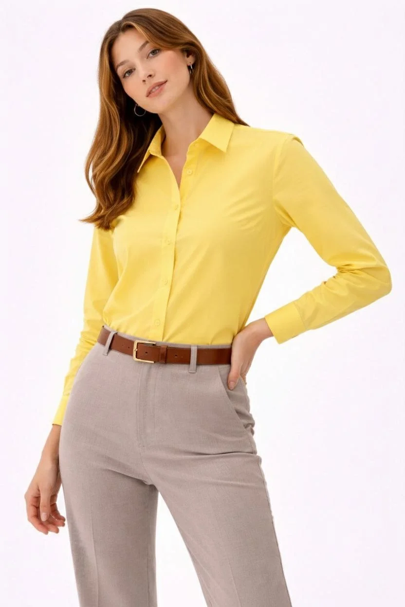 Kadın Uzun Kollu Gömlek Düğmeli Klasik Yaka Günlük ve Ofis Şıklığına uygun - Sarı
