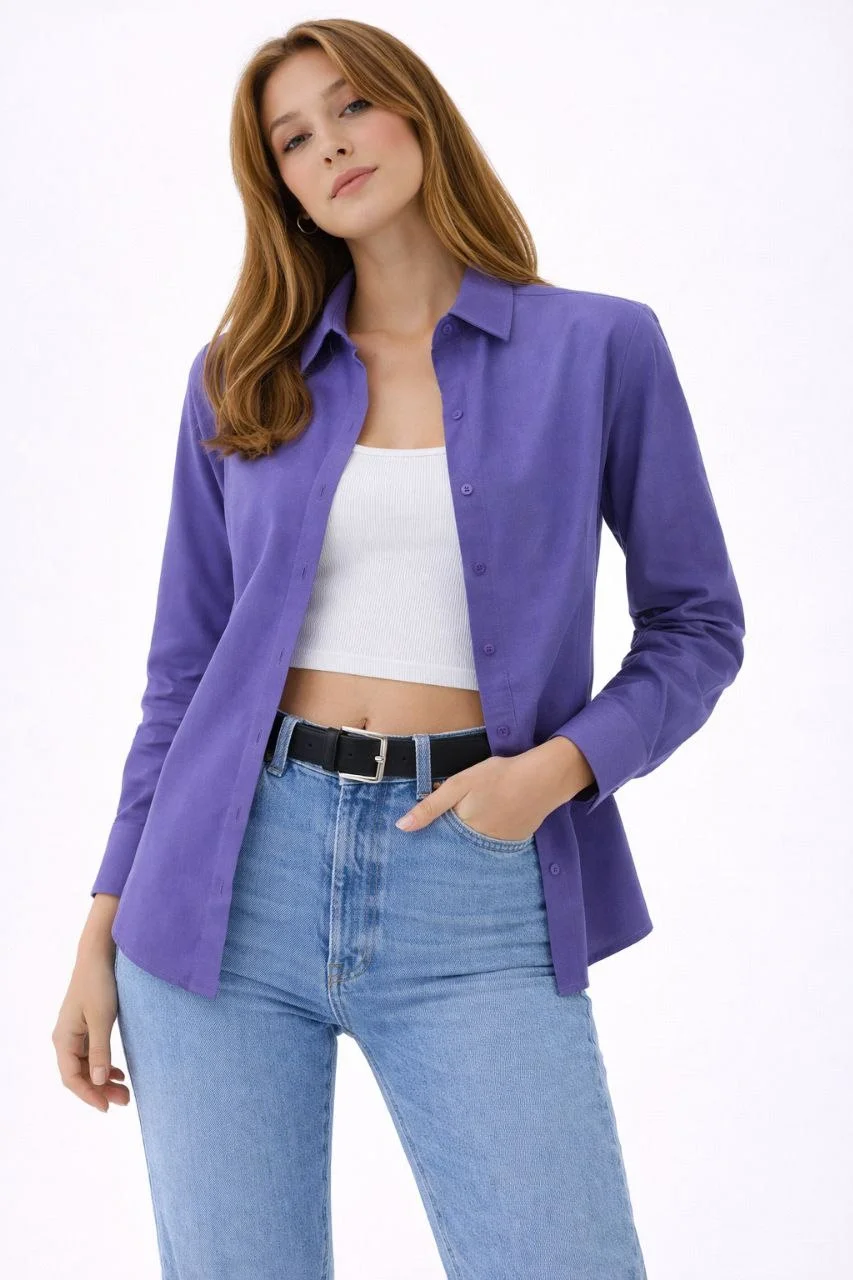 Kadın Uzun Kollu Gömlek Düğmeli Klasik Yaka Günlük ve Ofis Şıklığına uygun - Mor