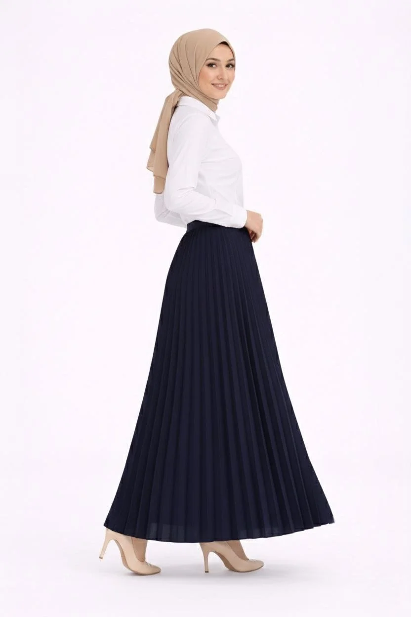 Tesettür Beyaz Gömlekli Pliseli Etek İkili Takım Gündelik ve Ofis Şıklığı - Lacivert