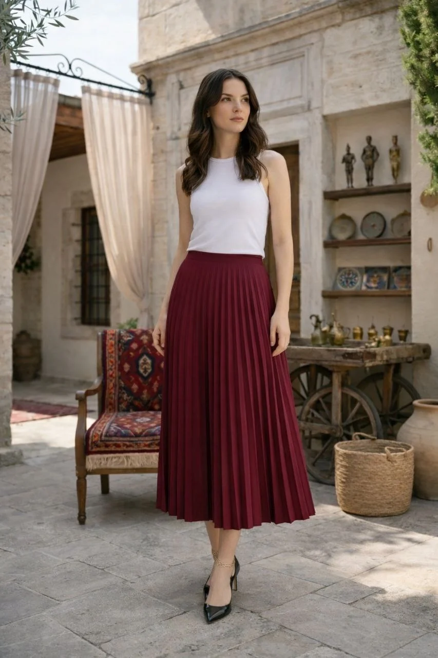 Kadın 90 Cm Saten Kumaş Pliseli Midi Etek Şık ve Zarif Tasarım - Bordo