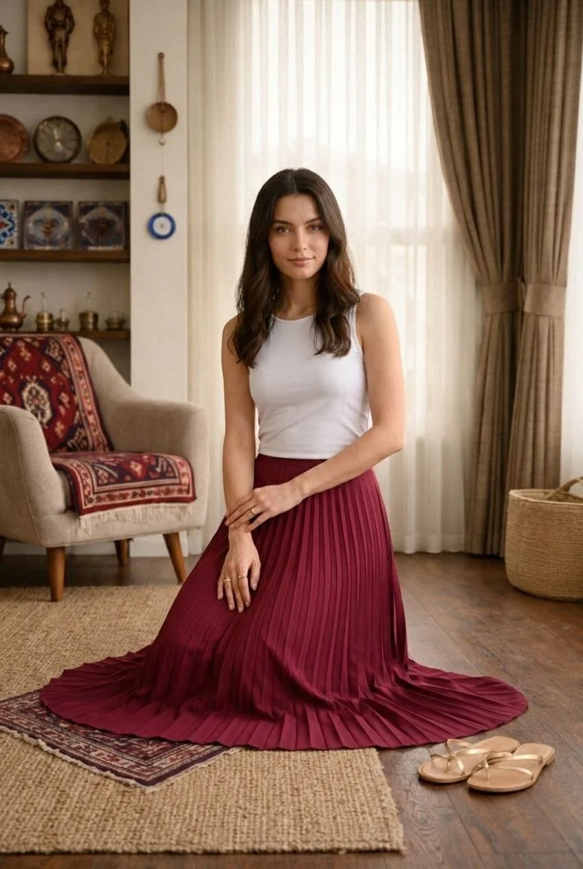 Kadın 90 Cm Saten Kumaş Pliseli Midi Etek Şık ve Zarif Tasarım - Bordo