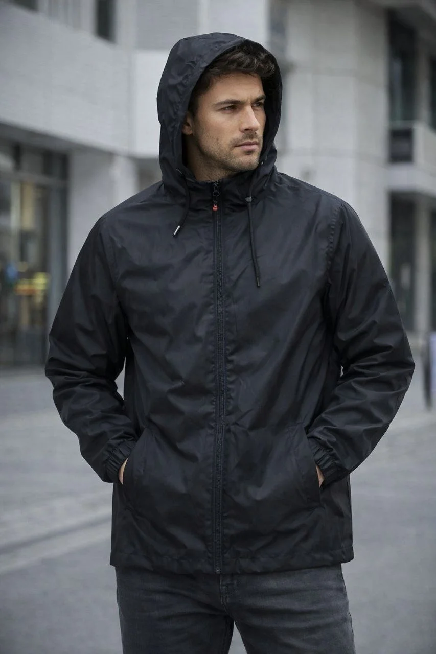 Erkek Kapüşonlu Su İtici Rüzgarlık Ceket Mevsimlik Hafif Mont - Siyah