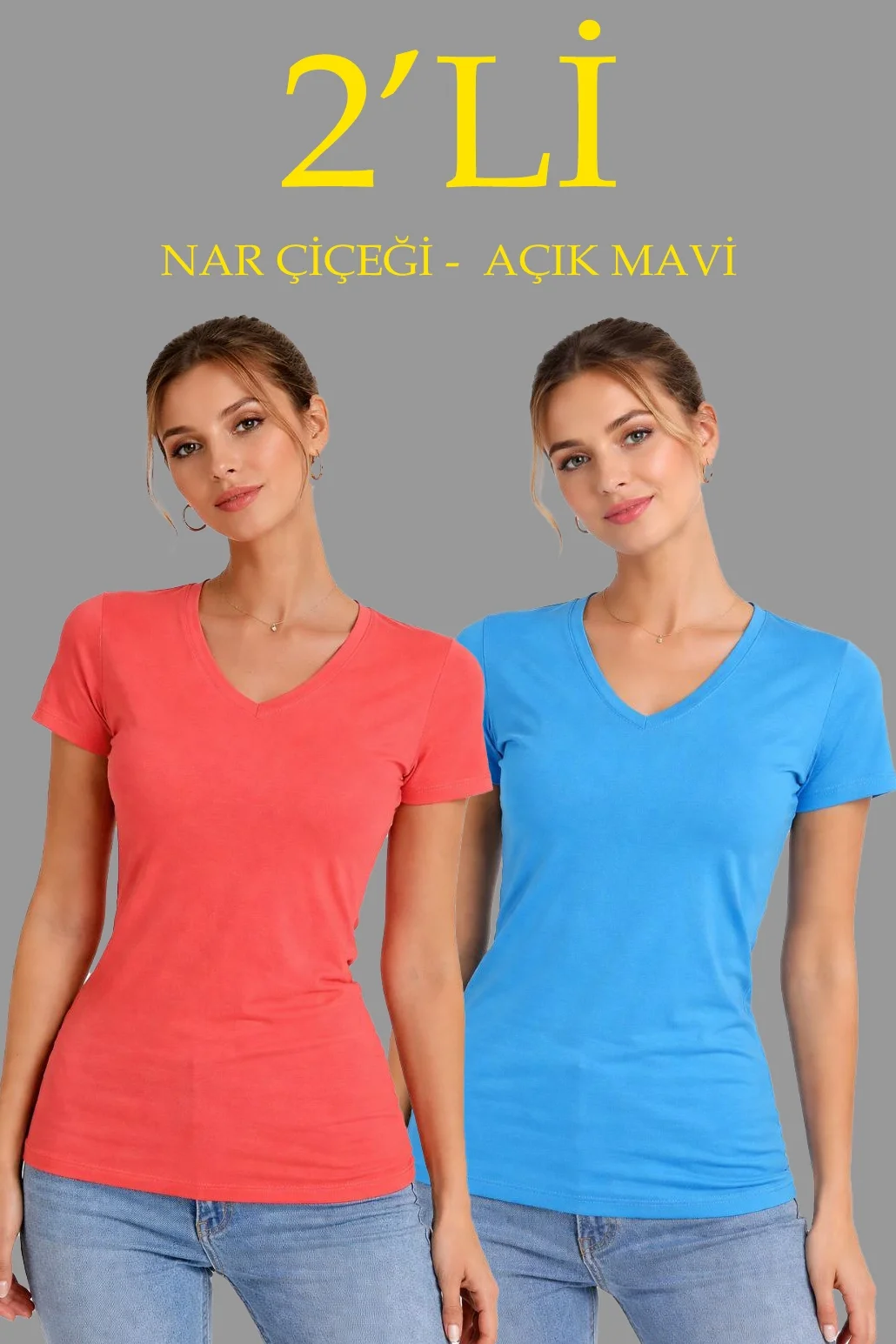 Kadın V Yaka Tişört Kısa Kol Slim Fit T-shirt 2'li Set Nar Çiçeği-Açık Mavi