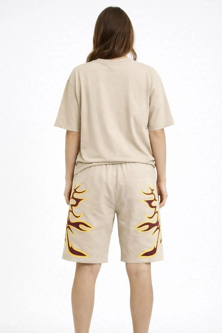 Kadın Oversize Baskılı Tişört Cepli Şort ikili Takım Kombin - Bej