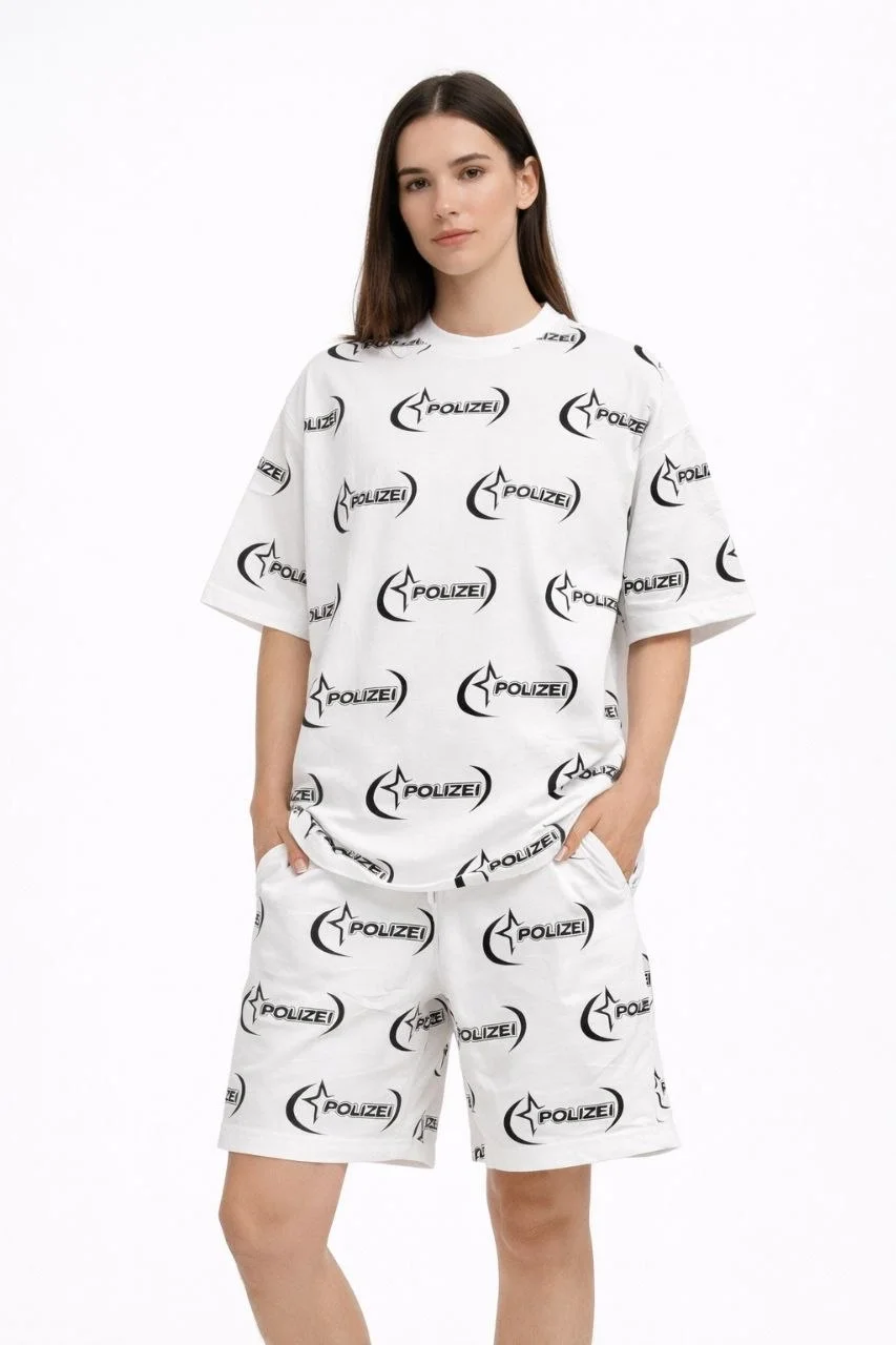 Kadın Oversize Ön ve Arka Baskılı Tişört Şort ikili Takım Kombin - Beyaz