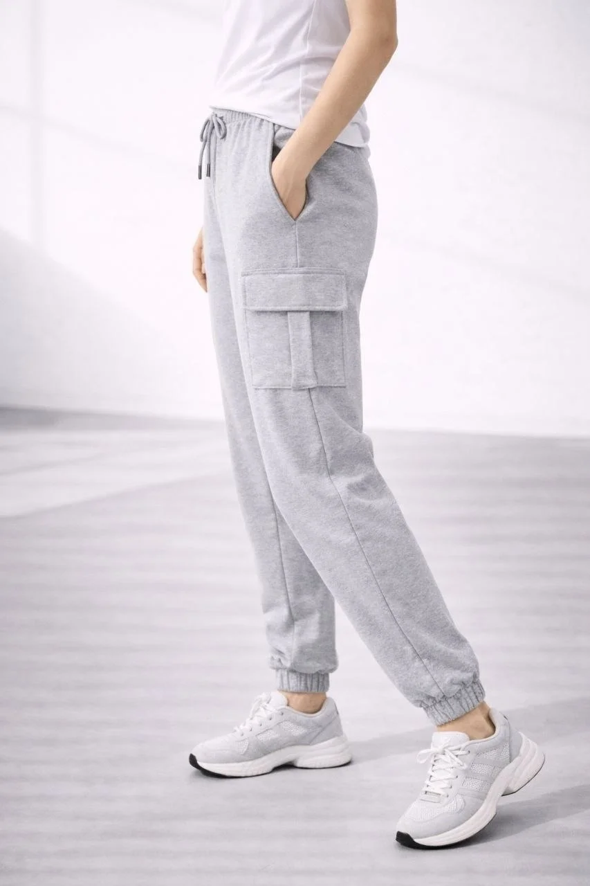 Kadın Jogger Eşofman Altı Kargo Cepli Lastikli Paça Spor Pantolon - Gri