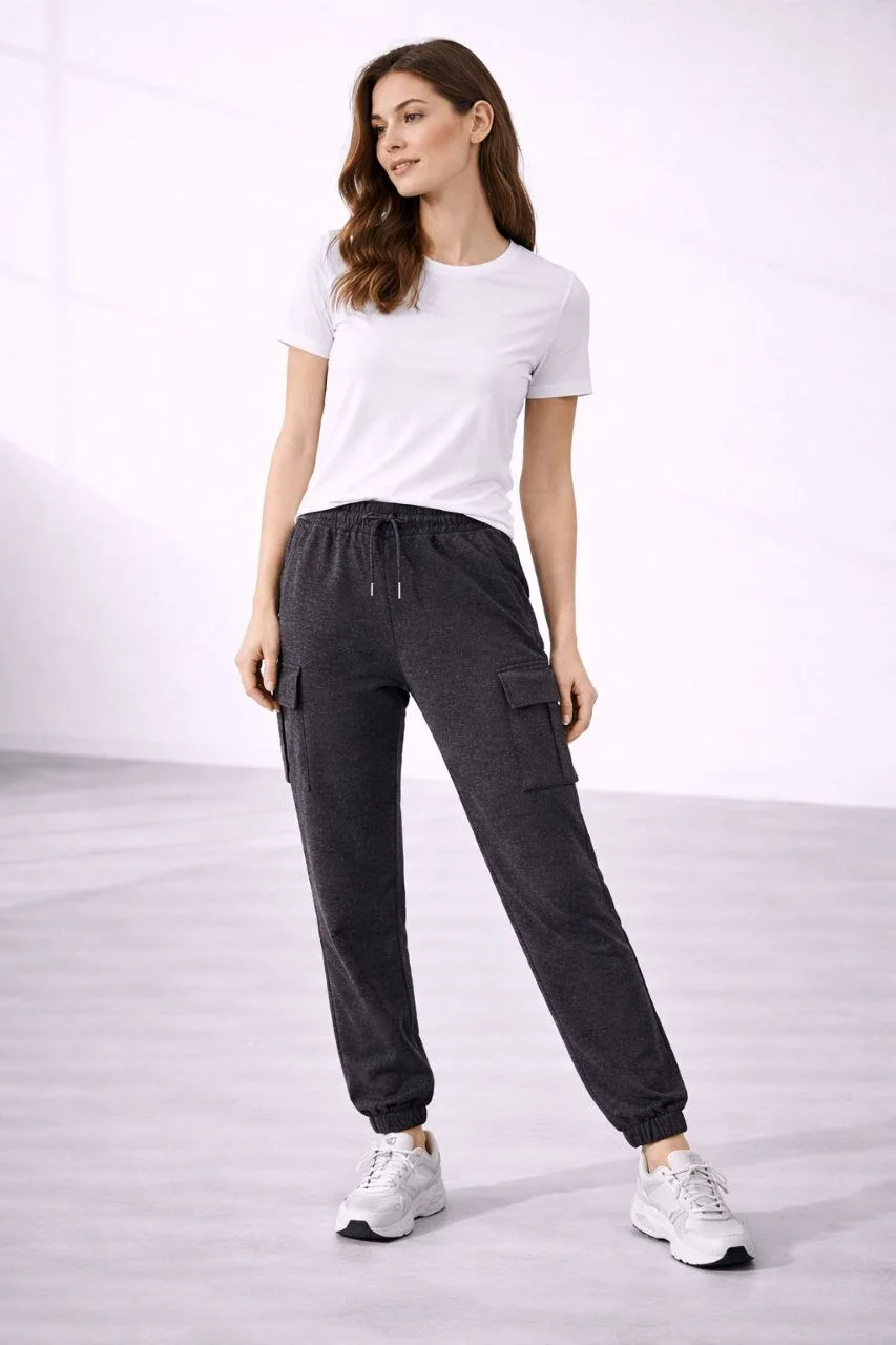 Kadın Jogger Eşofman Altı Kargo Cepli Lastikli Paça Spor Pantolon - Füme