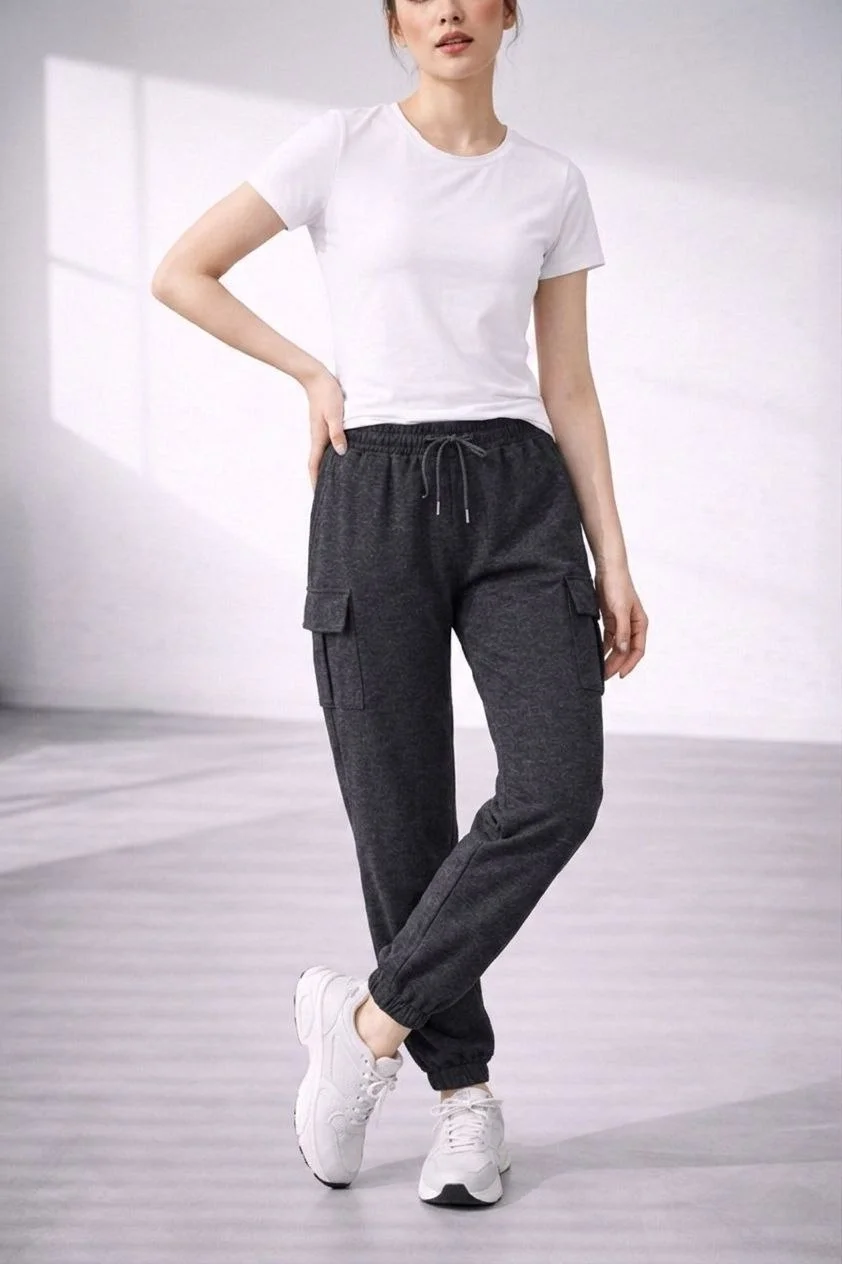 Kadın Jogger Eşofman Altı Kargo Cepli Lastikli Paça Spor Pantolon - Füme