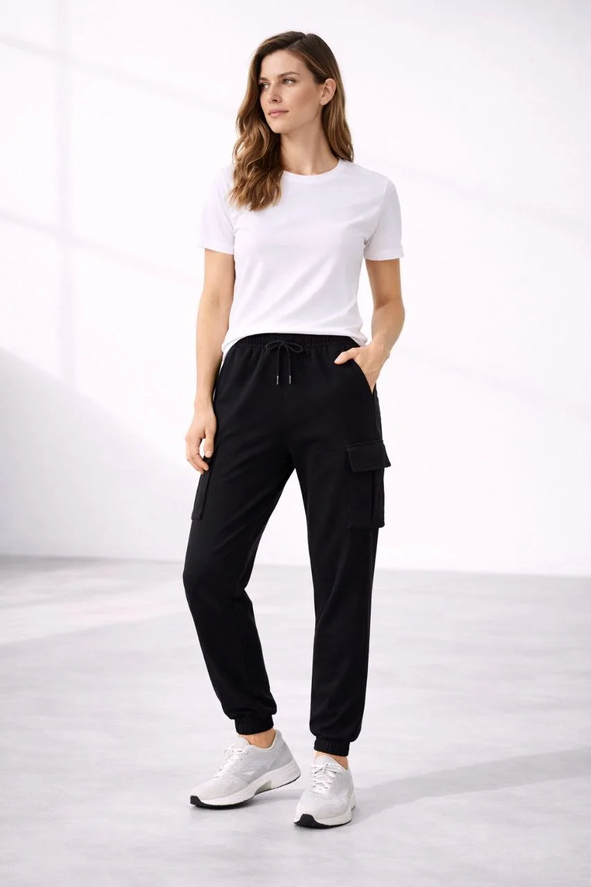 Kadın Jogger Eşofman Altı Kargo Cepli Lastikli Paça Spor Pantolon - Siyah