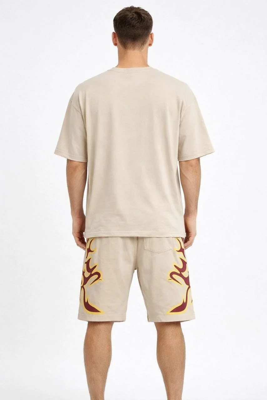 Erkek Oversize Baskılı Tişört Cepli Şort ikili Takım Kombin - Bej