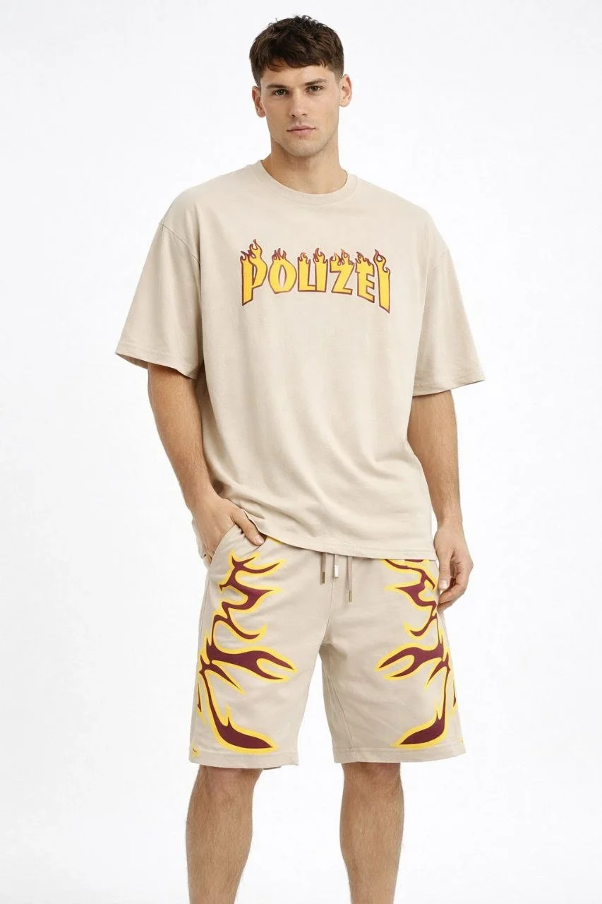 Erkek Oversize Baskılı Tişört Cepli Şort ikili Takım Kombin - Bej