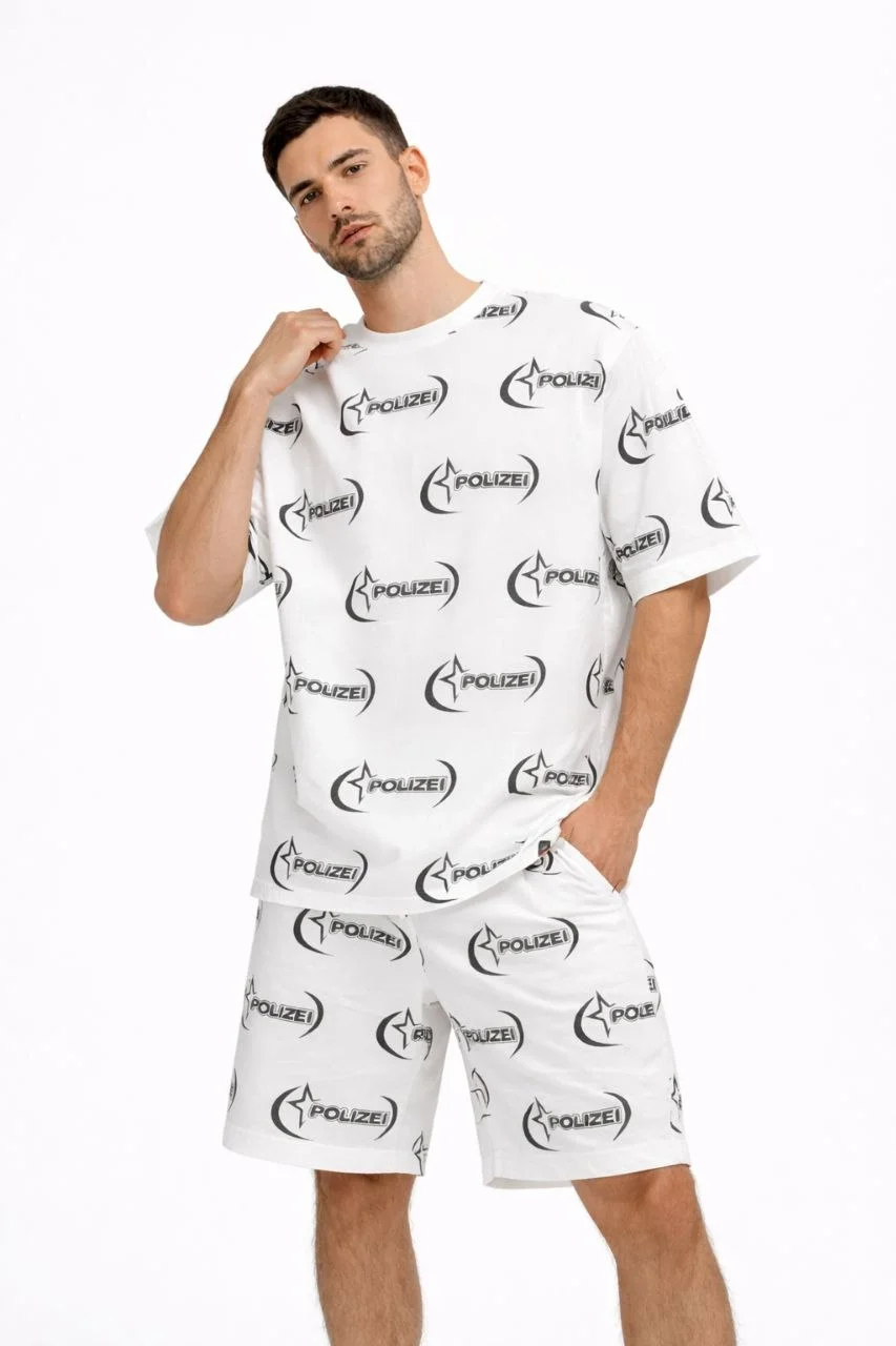 Erkek Oversize Ön ve Arka Baskılı Tişört Şort ikili Takım Kombin - Beyaz