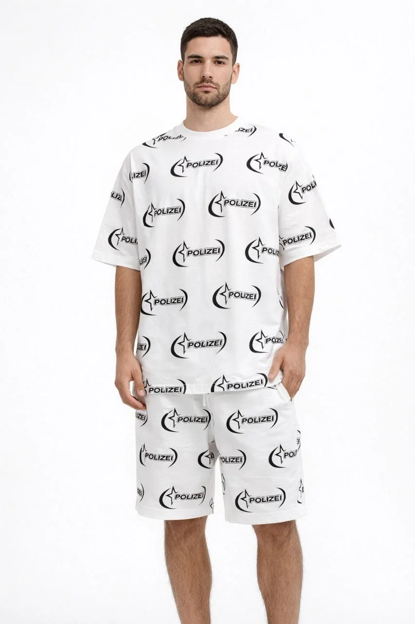 Erkek Oversize Ön ve Arka Baskılı Tişört Şort ikili Takım Kombin - Beyaz
