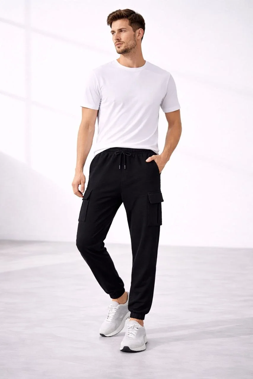 Erkek Jogger Eşofman Altı Kargo Cepli Lastikli Paça Spor Pantolon - Siyah