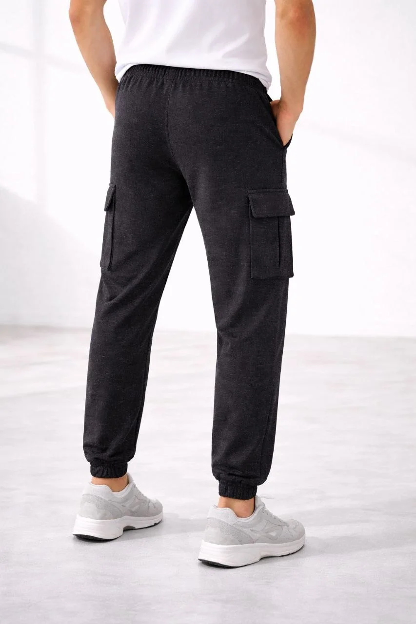Erkek Jogger Eşofman Altı Kargo Cepli Lastikli Paça Spor Pantolon - Füme