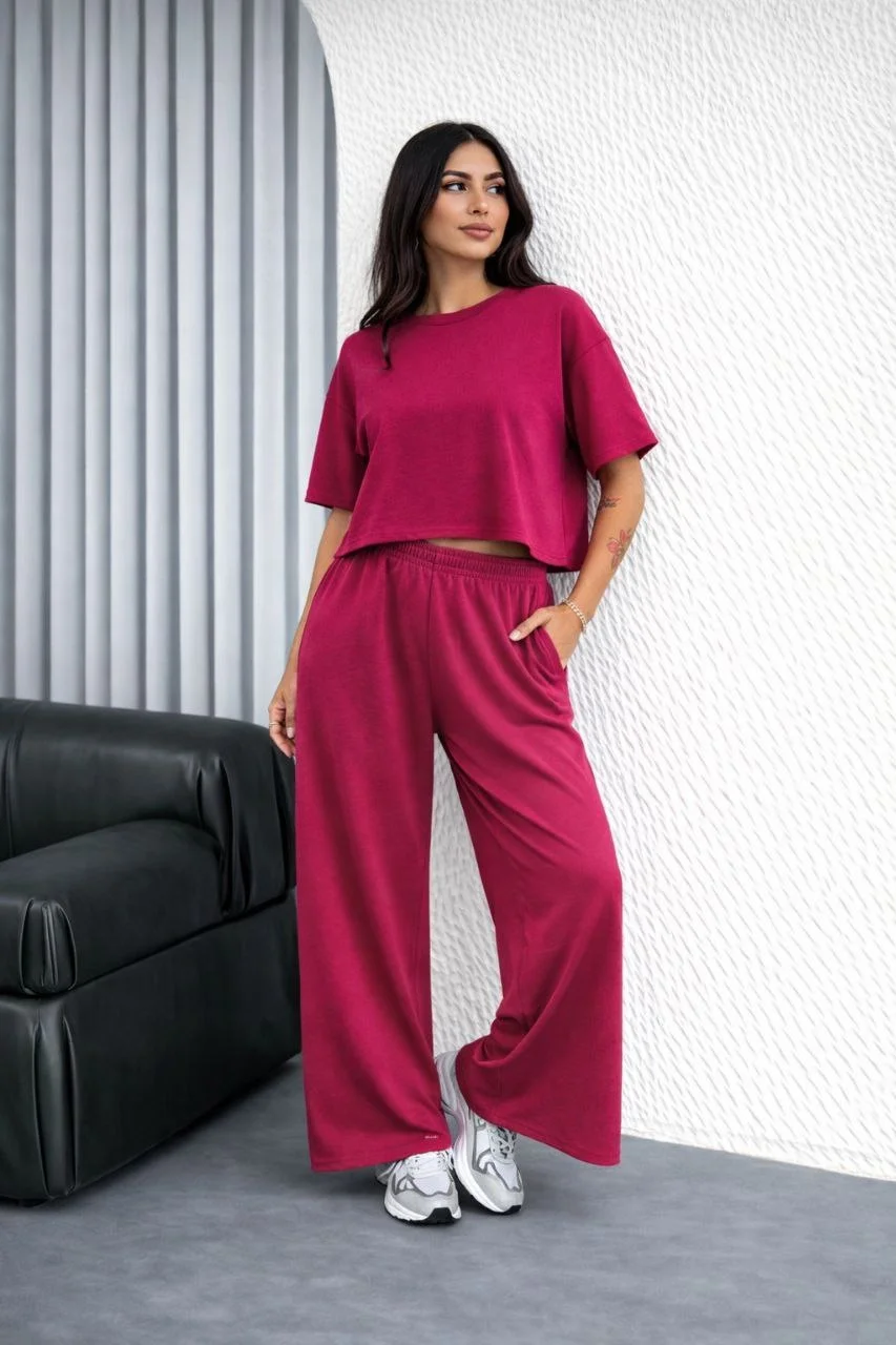 Kadın Osy Modal yumuşak dokulu Oversize İkili Bol Paça Pantolonlu Takım - Fuşya