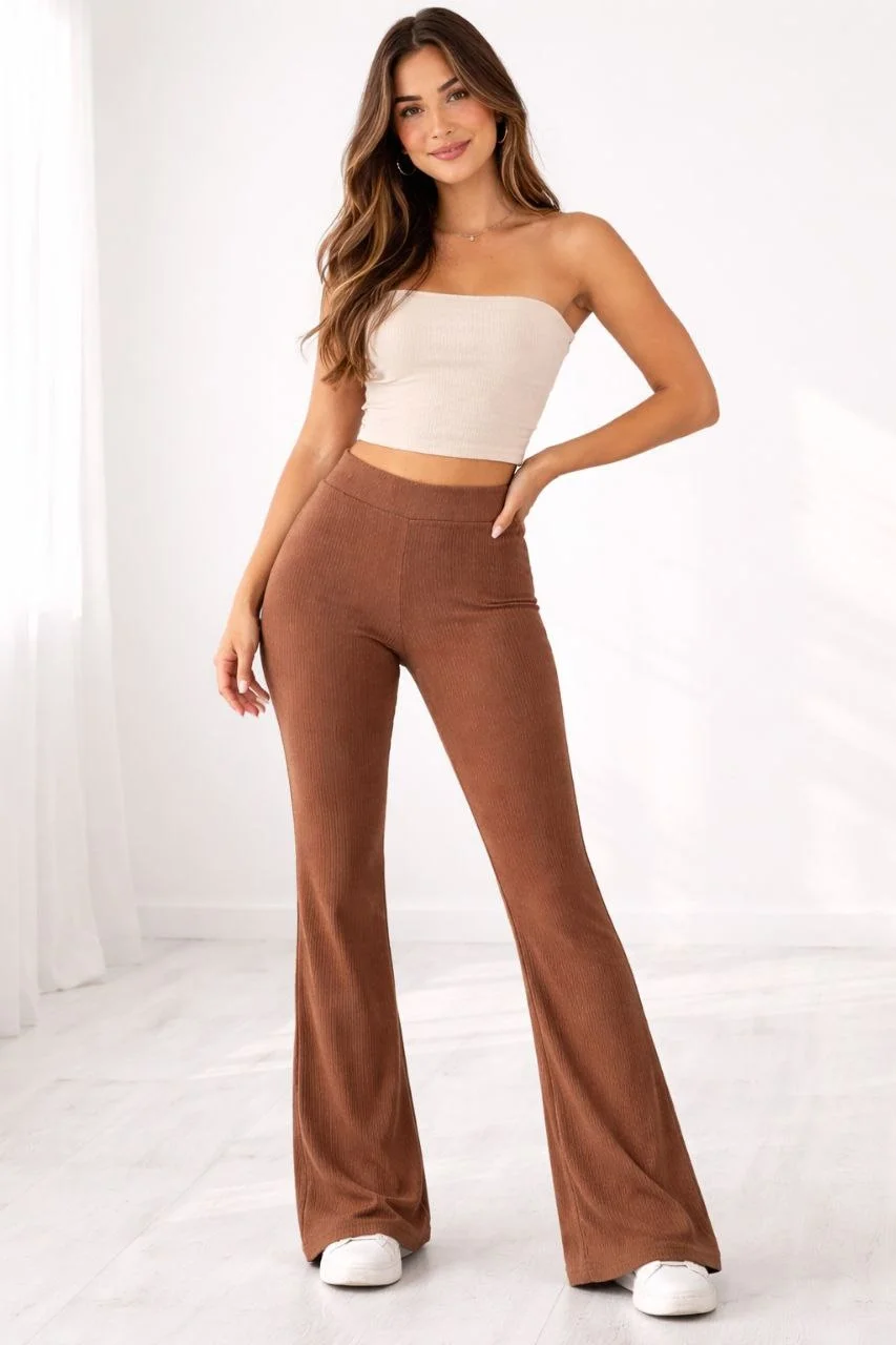 Kadın Fitilli Kaşkorse İspanyol Paça Tayt Yüksek Bel Esnek Pantolon - Kahverengi