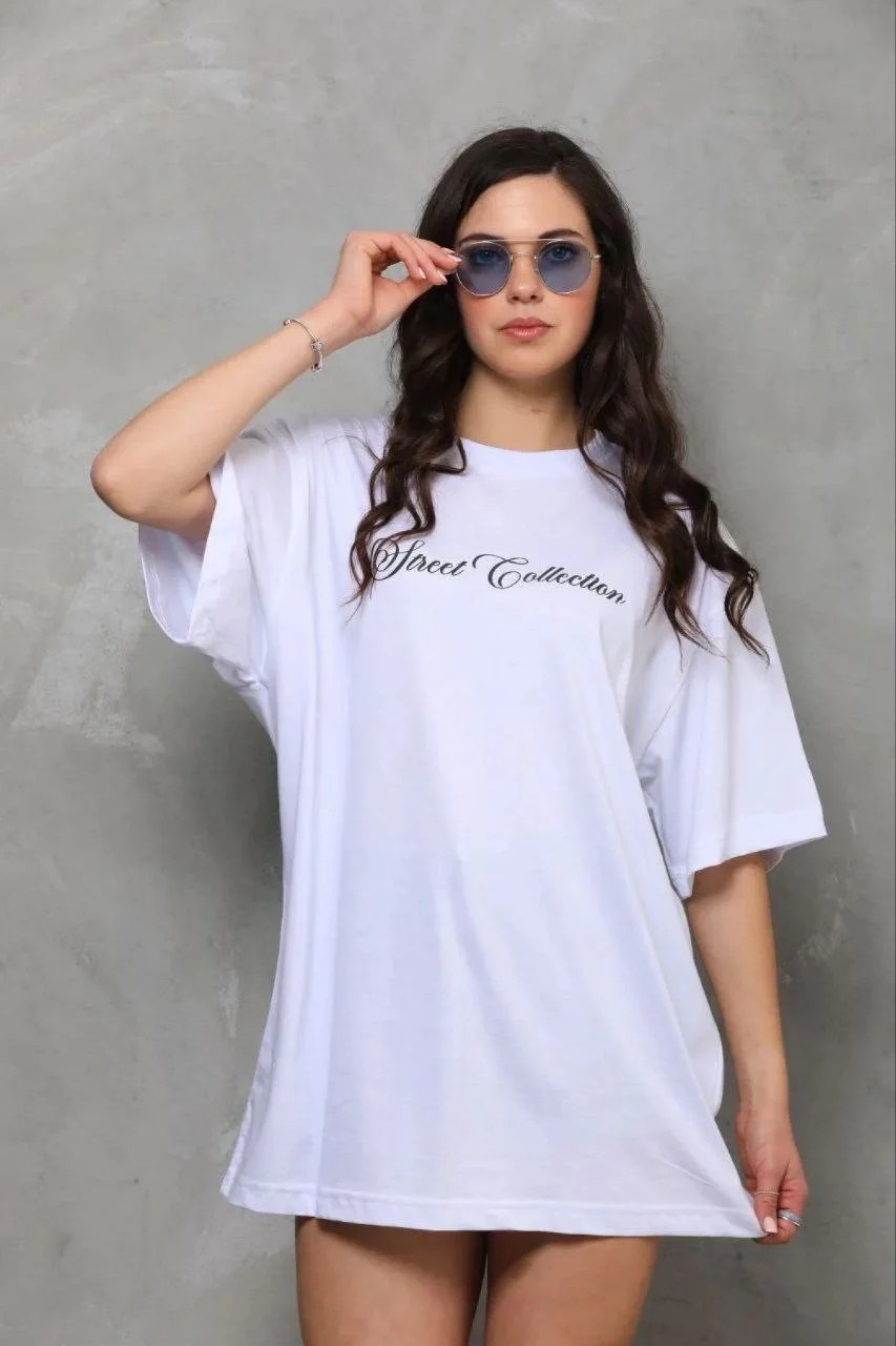 Kadın Kısa Kol Yazlık Tişört Bisiklet Yaka Baskılı Oversize T-Shirt - Beyaz