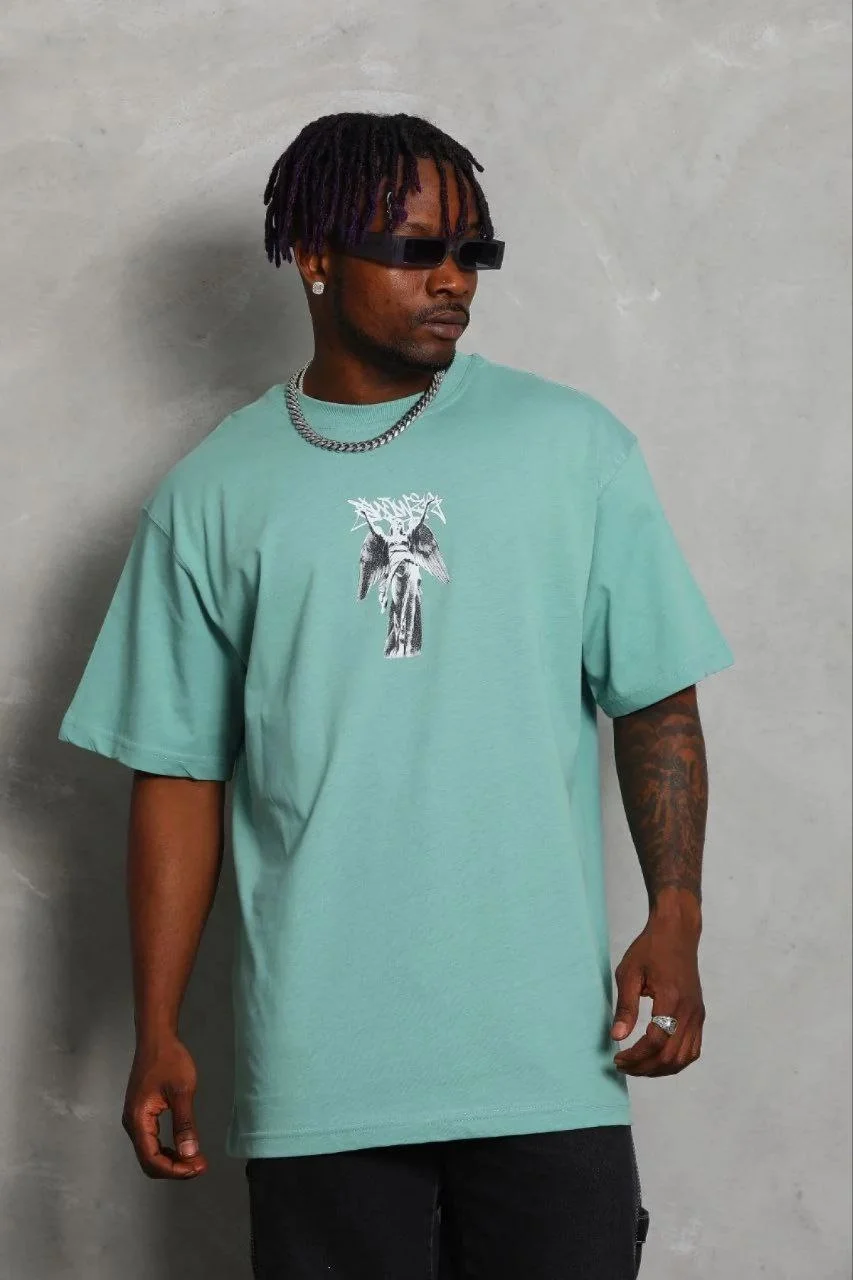 Erkek Baskılı T-Shirt Kısa Kol Bisiklet Yaka Regular Fit Tişört - Mint Yeşili