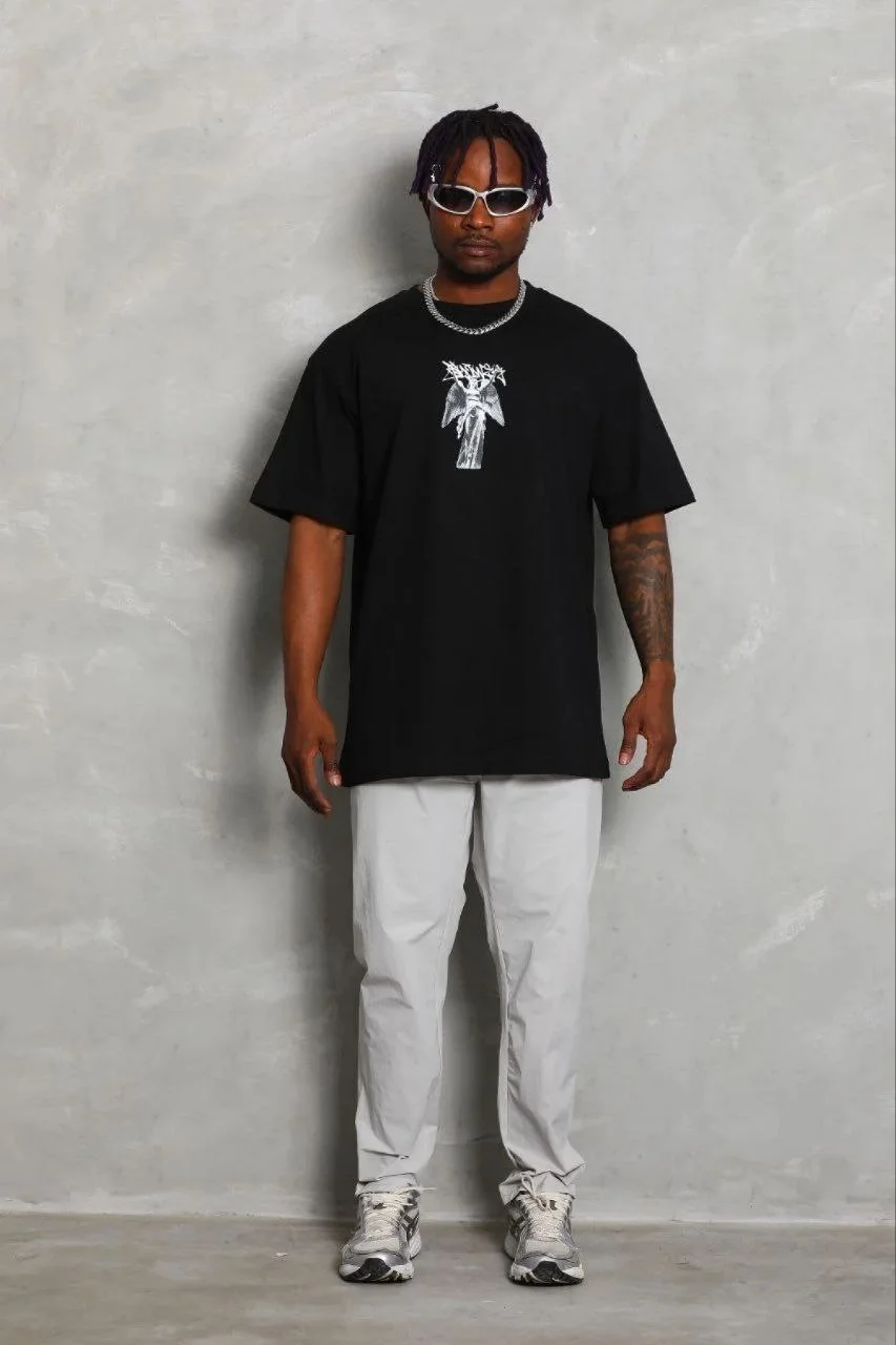 Erkek Baskılı T-Shirt Kısa Kol Bisiklet Yaka Regular Fit Tişört - Siyah