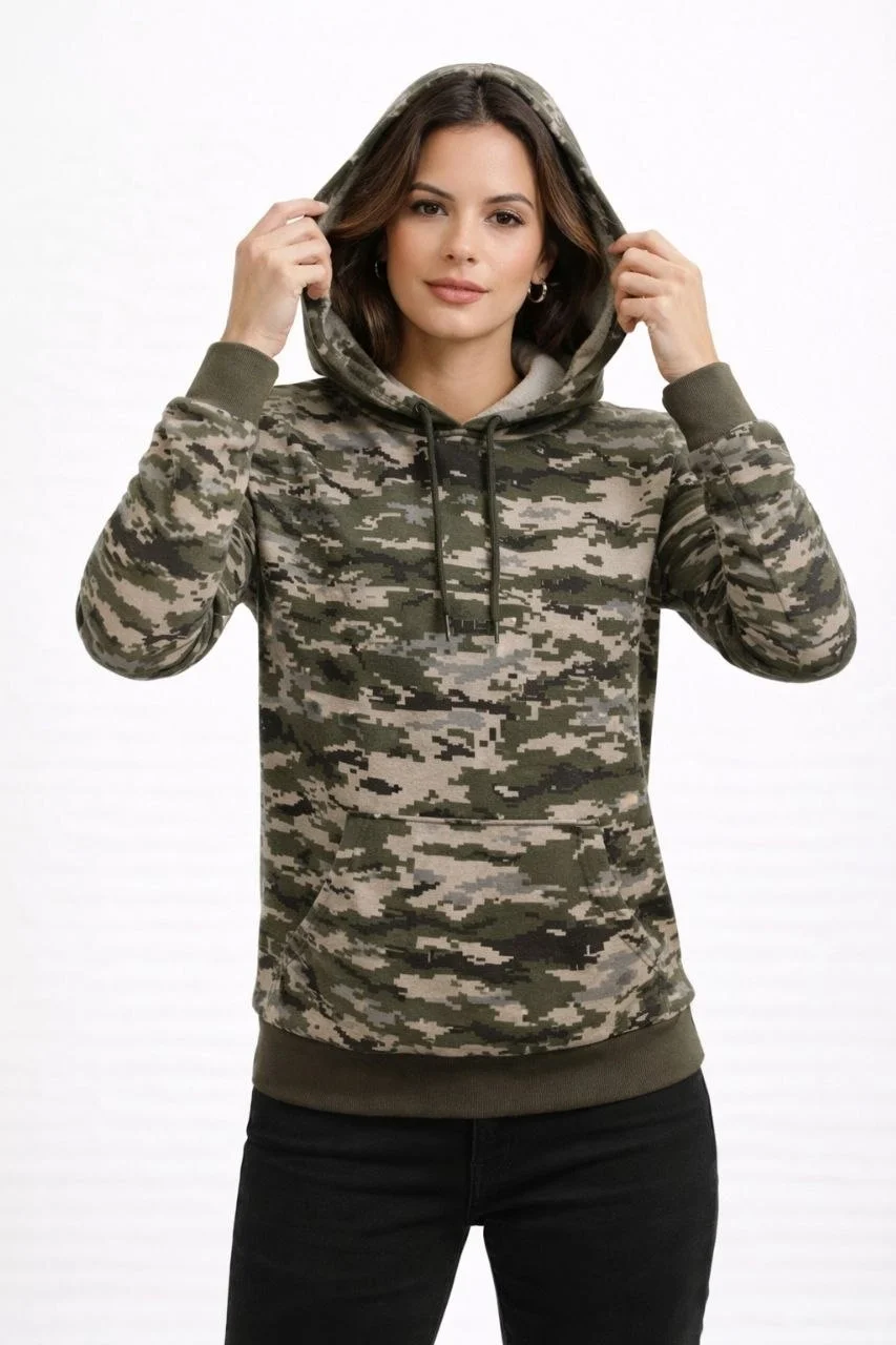 Kadın Kamuflaj Desenli 2 İplik 4 Mevsim Kapüşonlu Kanguru Cepli Hoodie