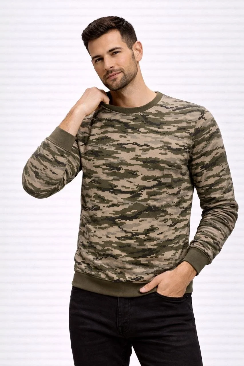 Erkek Kamuflaj Desenli 2 İplik 4 Mevsim Uzun Kollu Bisiklet Yaka Sweatshirt