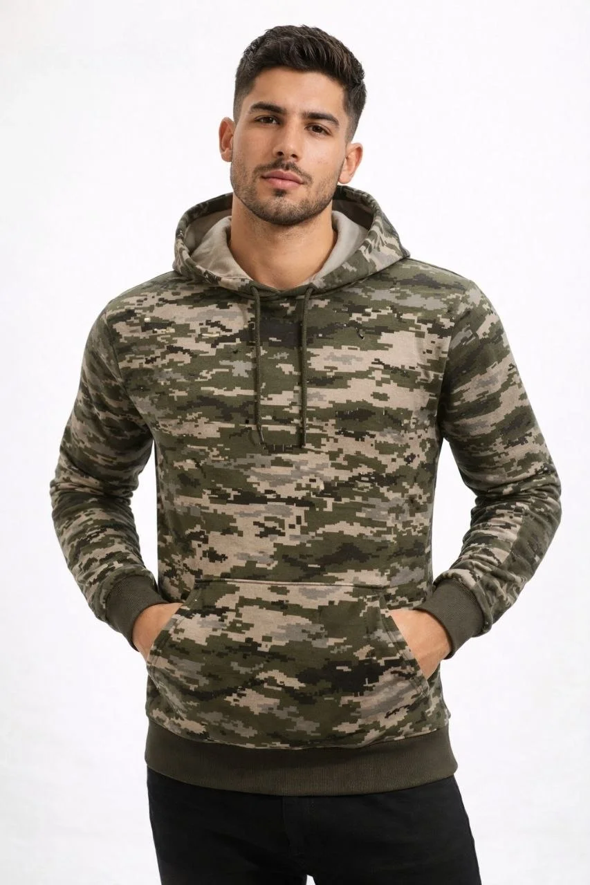 Erkek Kamuflaj Desenli 2 İplik 4 Mevsim Kapüşonlu Kanguru Cepli Hoodie
