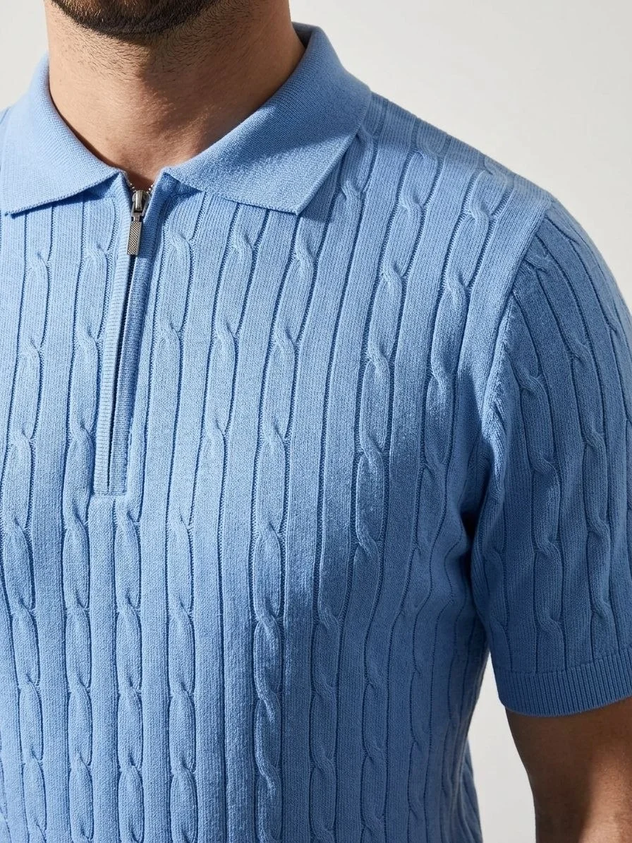Erkek Yazlık Triko Saç Örgü Tişört Kısa Kol Polo Yaka Fermuarlı T-Shirt - Bebe
