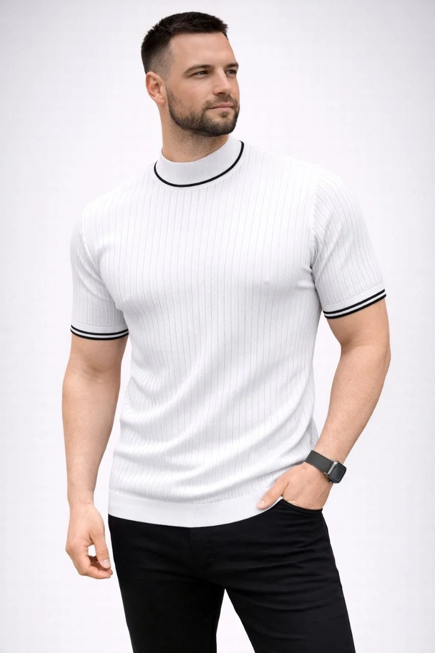 Erkek Fitilli Triko Dokuma Kısa Kol Tişört Yarım Boğaz Modern Yazlık T-Shirt
