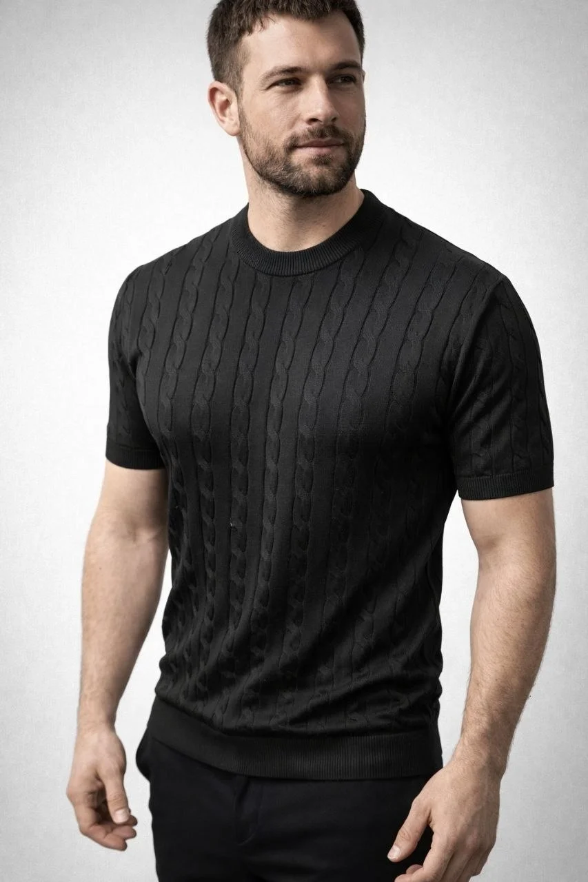 Erkek Yazlık Triko Dokuma Tişört Kısa Kol Bisiklet Yaka Örgü Desenli T-Shirt