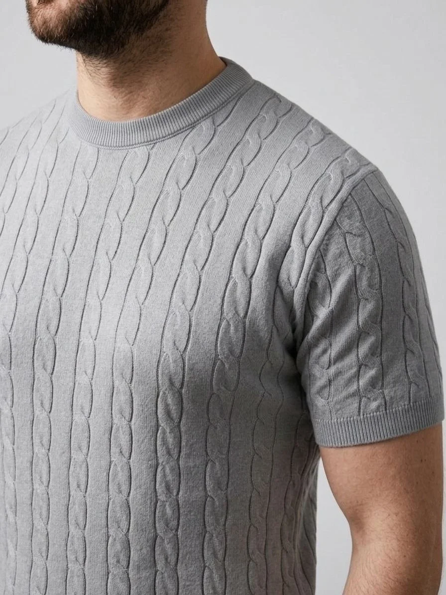 Erkek Yazlık Triko Dokuma Tişört Kısa Kol Bisiklet Yaka Örgü Desenli T-Shirt