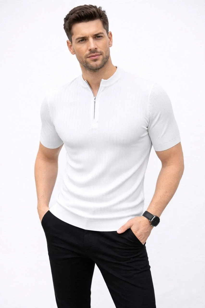 Erkek Kısa Kol Fitilli Triko T-Shirt Yazlık Hakim Yaka Tişört - Beyaz
