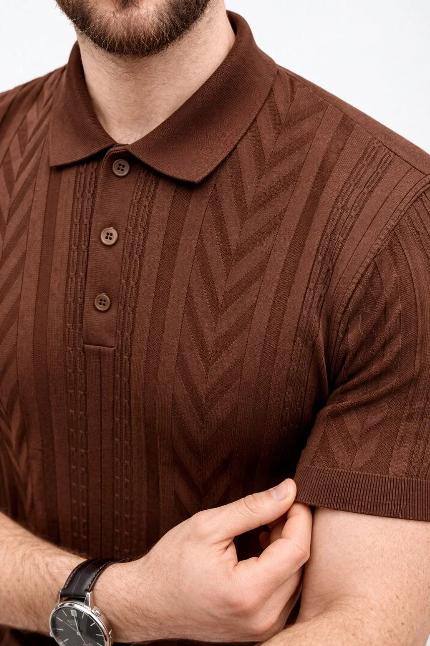 Erkek Yazlık Triko Tişört Kısa Kol Polo Yaka Düğmeli T-Shirt - Kahverengi