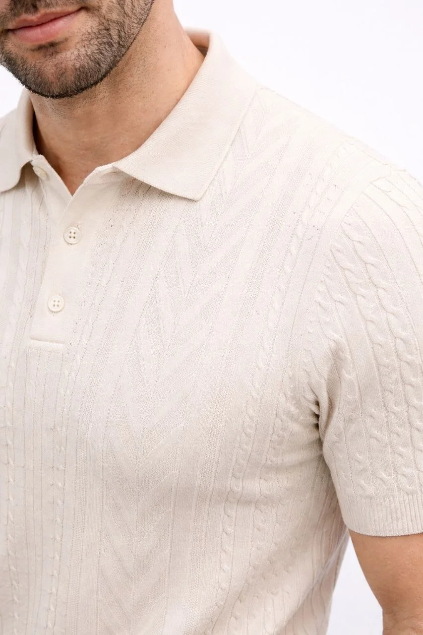 Erkek Yazlık Triko Tişört Kısa Kol Polo Yaka Düğmeli T-Shirt - Krem