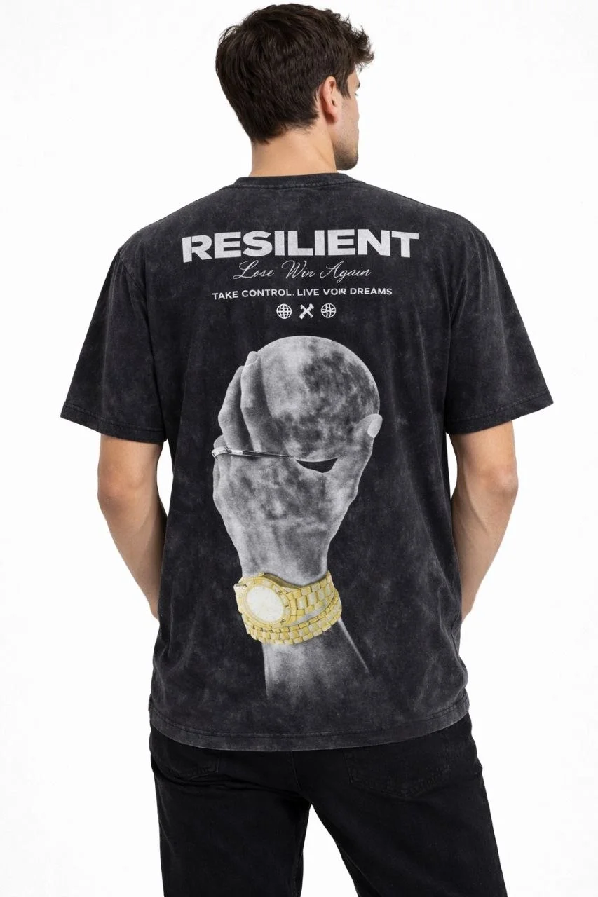 Erkek Asit Yıkamalı Baskılı Tişört Bisiklet Yaka Kısa Kollu Streetwear T-shirt