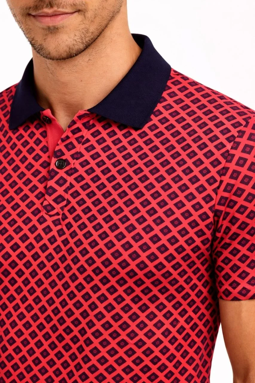 Erkek Pike Kumaş Polo Yaka Desenli Tişört Kısa Kol Yazlık T-Shirt - Kırmızı