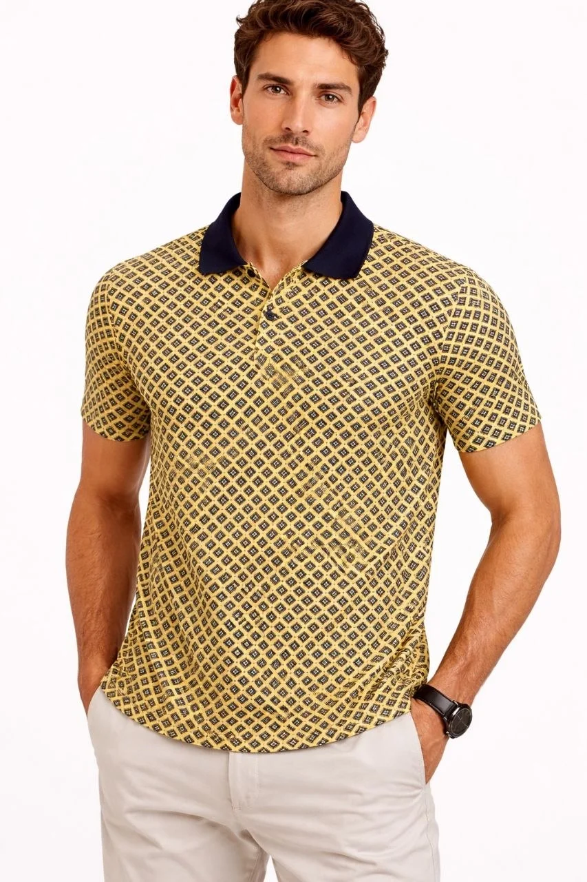 Erkek Pike Kumaş Polo Yaka Desenli Tişört Kısa Kol Yazlık T-Shirt - Sarı