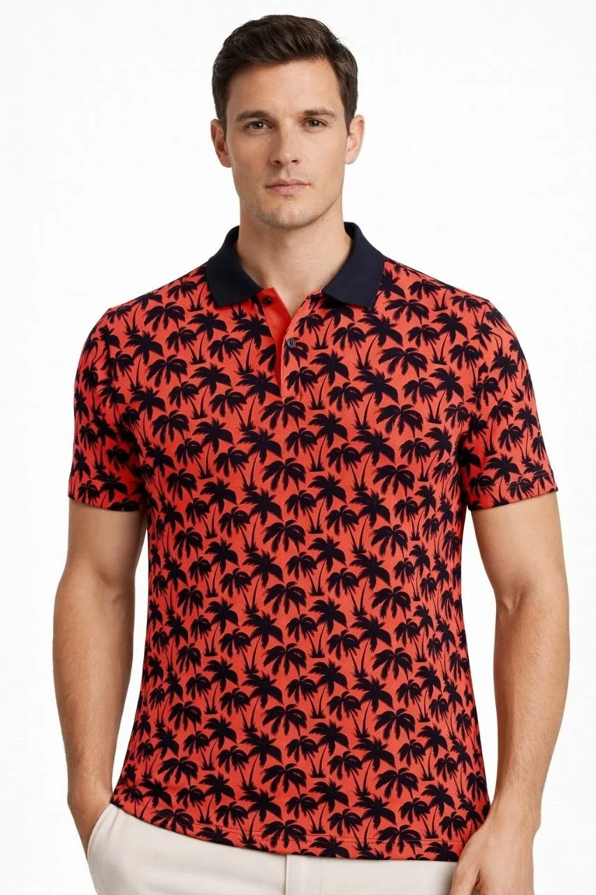 Erkek Pike Kumaş Polo Yaka Palmiye Desenli Tişört Kısa Kol Yazlık T-Shirt