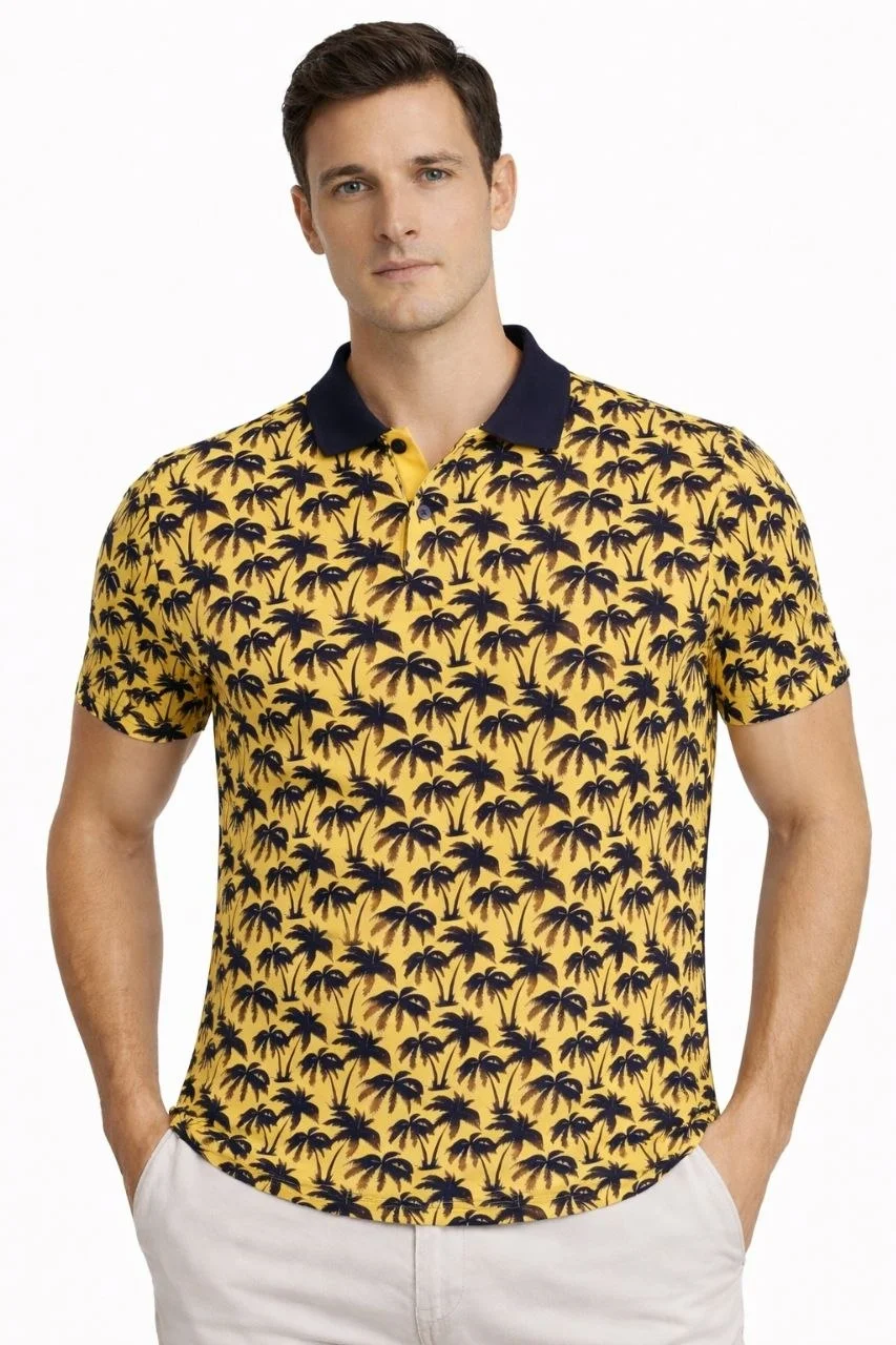 Erkek Pike Kumaş Polo Yaka Palmiye Desenli Tişört Kısa Kol Yazlık T-Shirt - Sarı