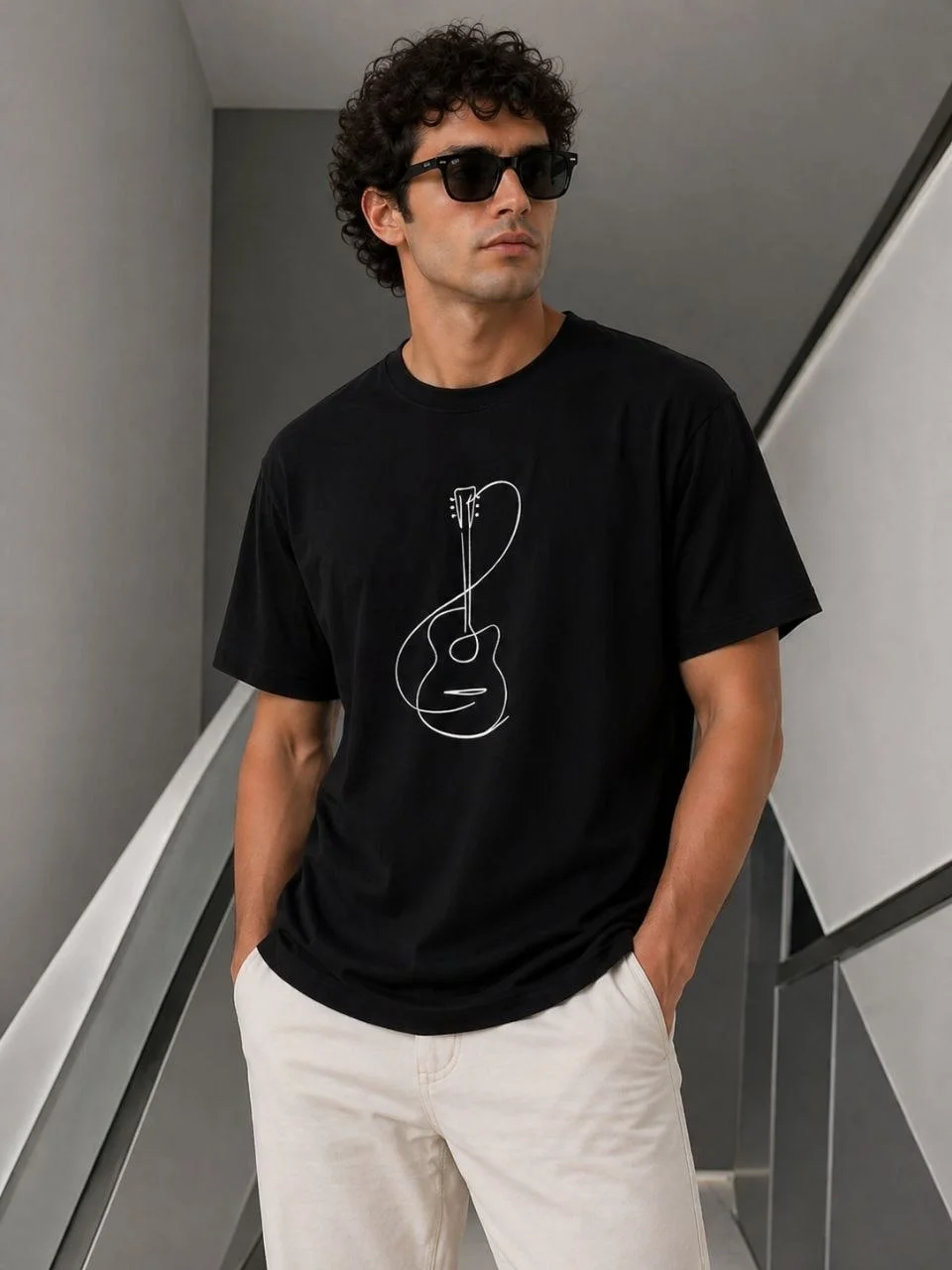 Erkek Minimal Gitar Baskılı Tişört T-Shirt Yazlık Kısa Kol Bisiklet Yaka