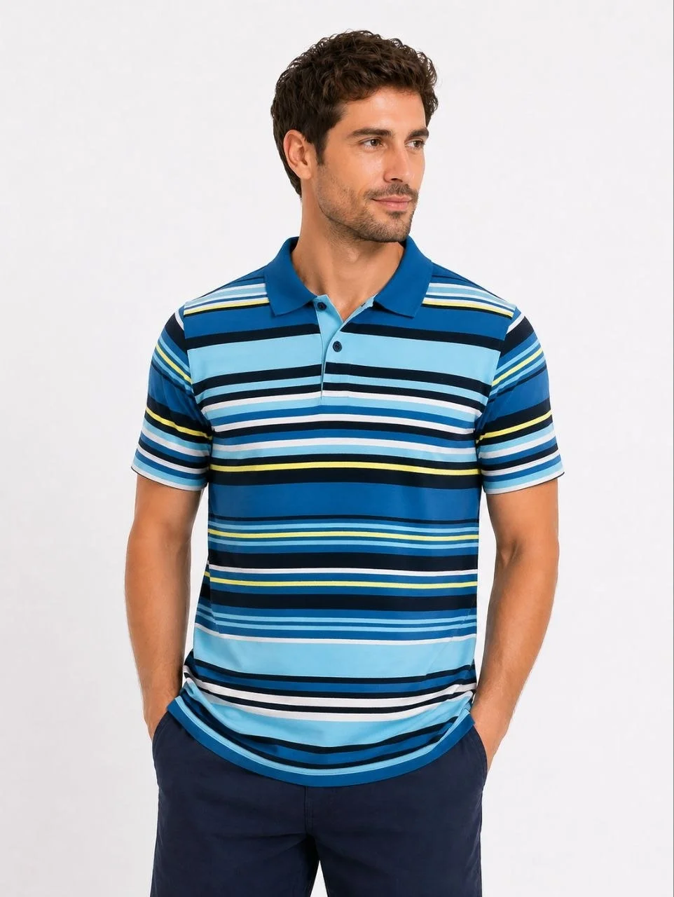 Erkek Çizgili Polo Yaka Tişört Kısa Kol Yazlık T-Shirt Regular Fit - Mavi